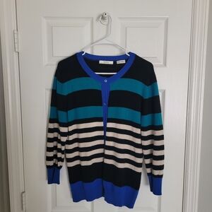 Neiman Marcus Cashmere Collection Blue Striped Cardigan SIZE L